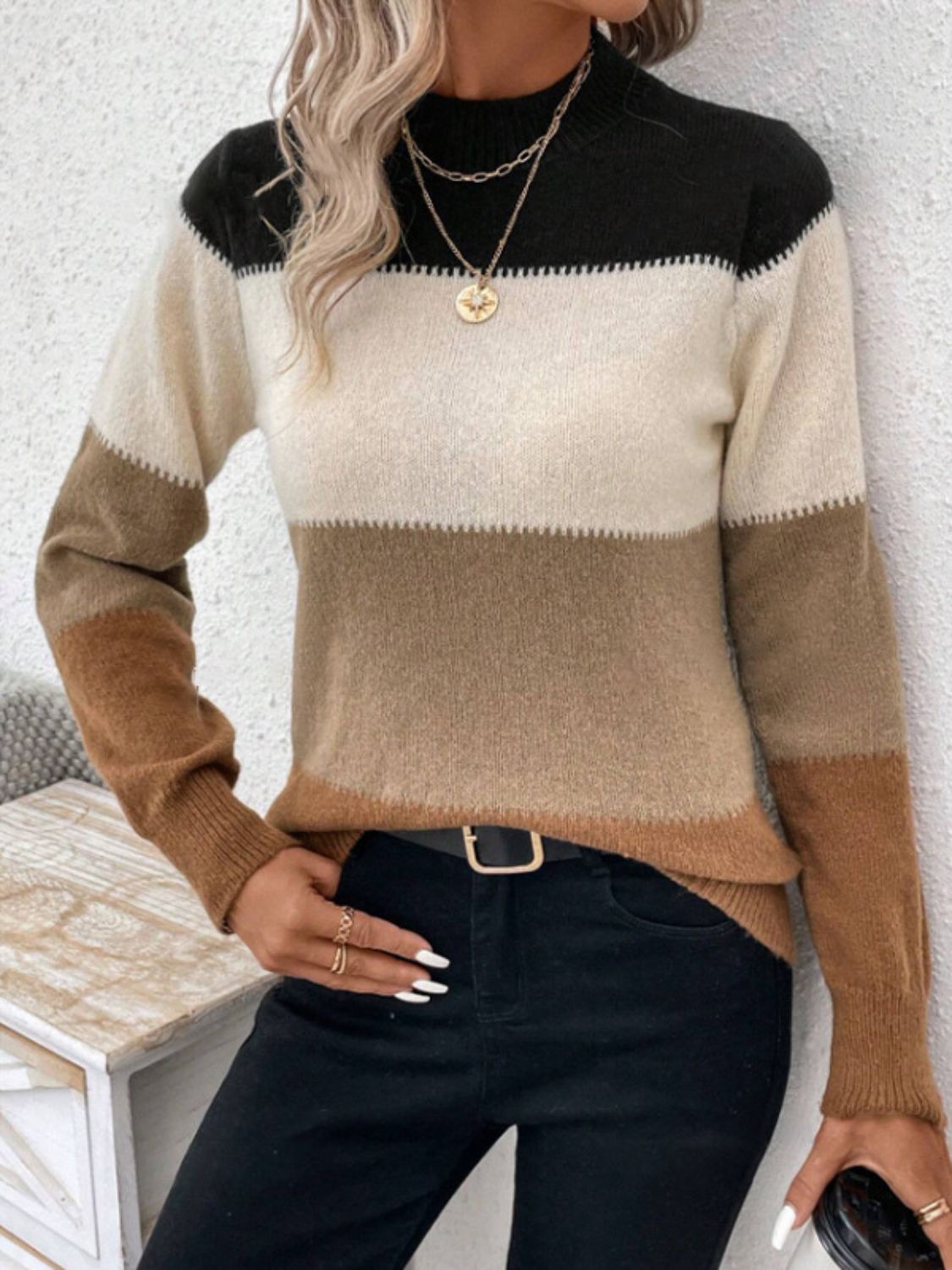 Color Block Mock Neck Long Sleeve Sweater Camel