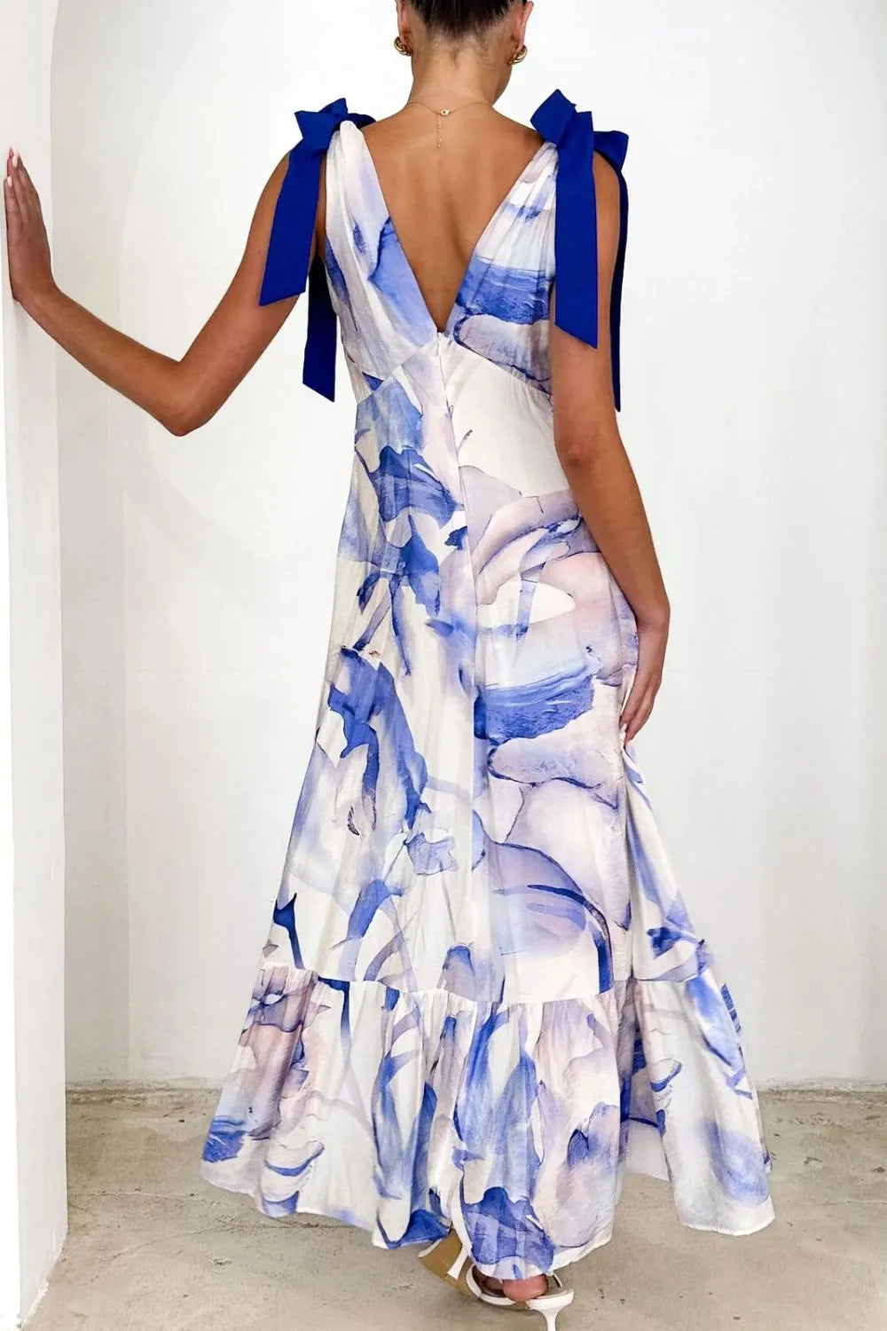 Printed V-Neck Tie Shoulder Midi Cami Dress
