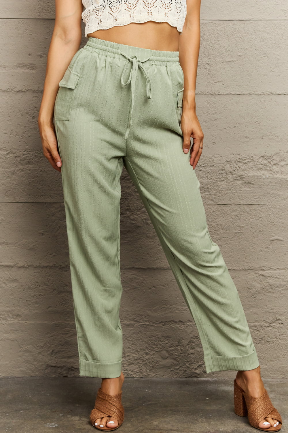 Perfee Tie Waist Long Pants Light Green