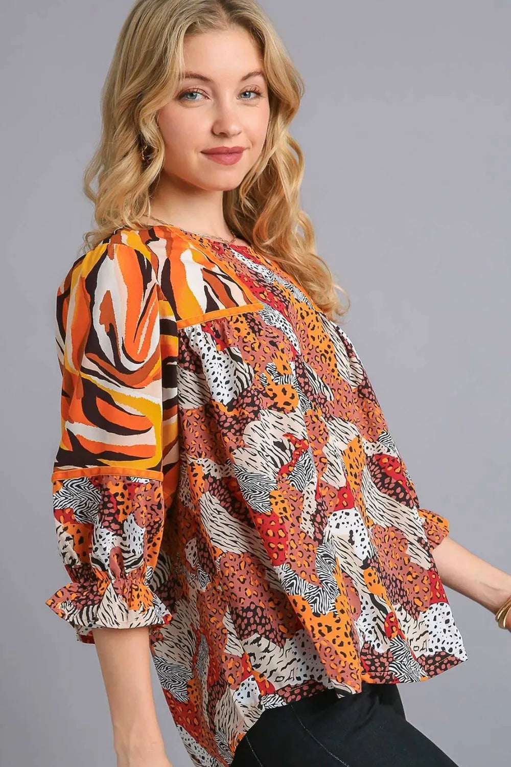 Umgee Full Size Mixed Print Round Neck Flounce Sleeve Blouse Plus Size