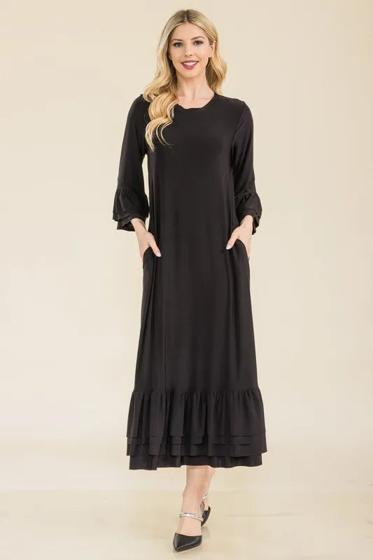 Celeste Full Size Modest Midi Dress with 3/4 Ruffle Bell Sleeves Plus Size