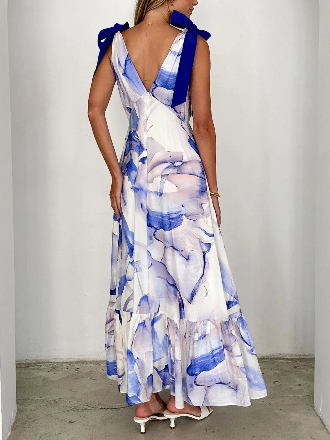 Printed V-Neck Tie Shoulder Midi Cami Dress