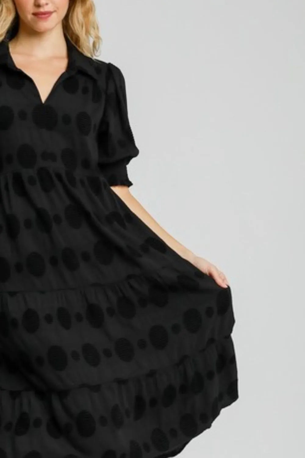 Umgee Full Size Swiss Dot Jacquard Tiered Midi Dress Plus Size