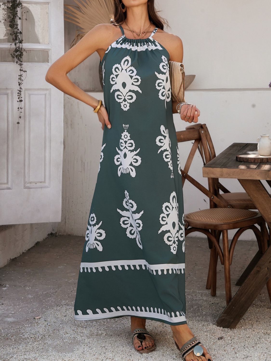 Devine Grecian Neck Printed Maxi Dress