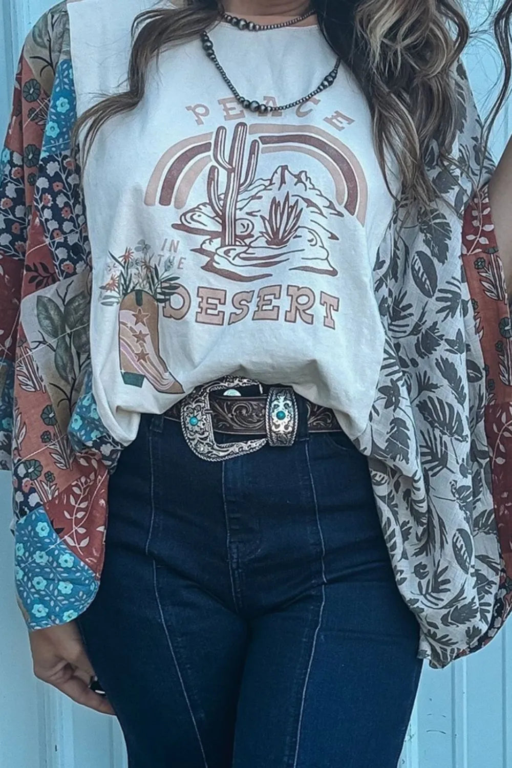 Peace Desert Graphic Asymmetric Printed Patchwork Sleeve Top