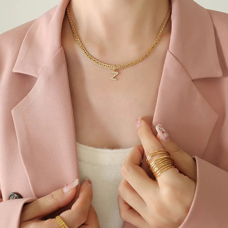 Brass Inlaid Zircon Letter Pendant Necklace Style Z One Size