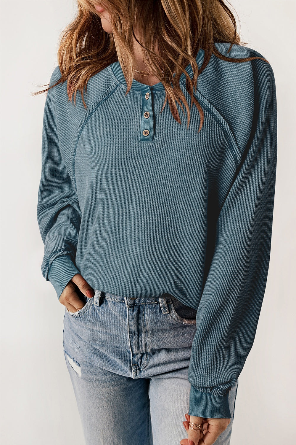 Waffle Knit Raglan Sleeve Henley Sweatshirt French Blue