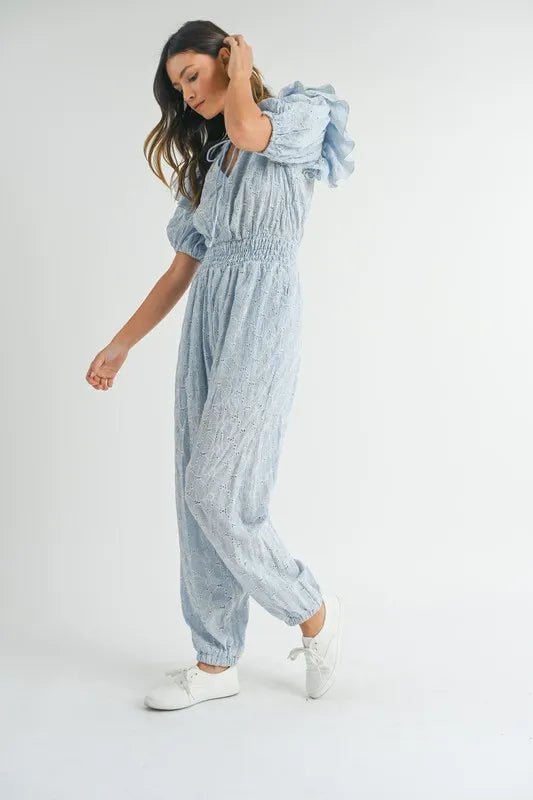 MABLE Eyelet Lace Ruffle Shoulder Jumpsuit