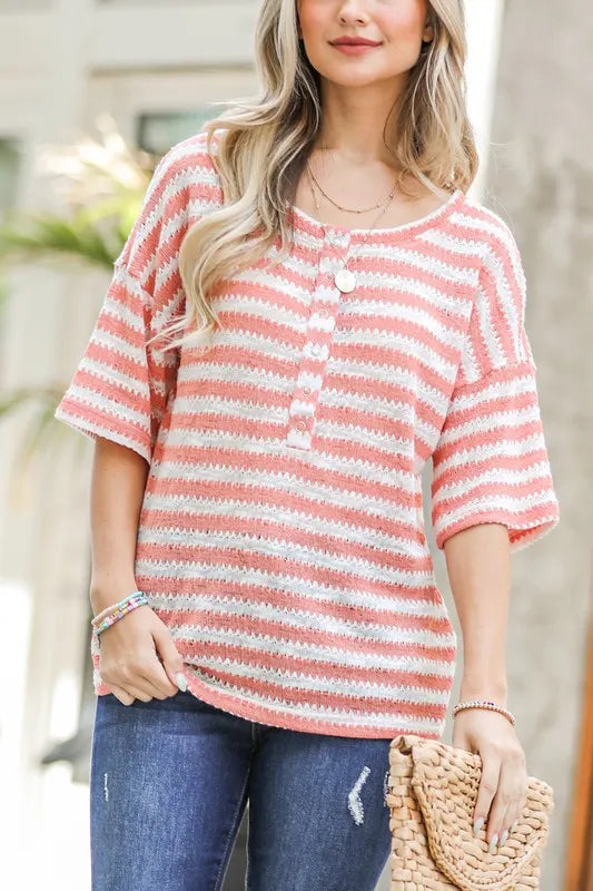 And The Why Stripe Knit Snap Button Front Casual Top PEACH