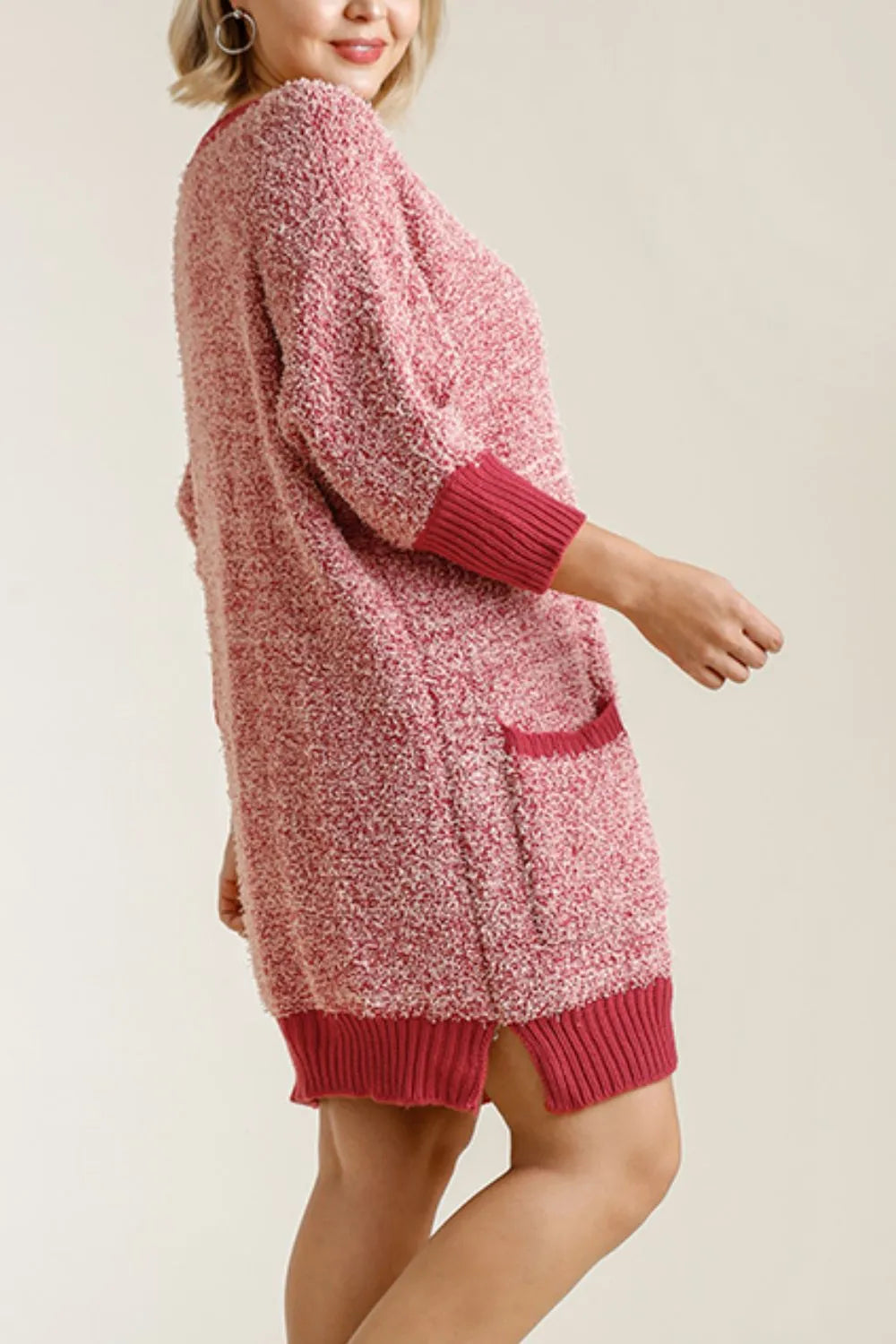 Umgee Full Size Ribbed Hem Round Neck 3/4 Sleeve Sweater Dress with Pockets Plus Size