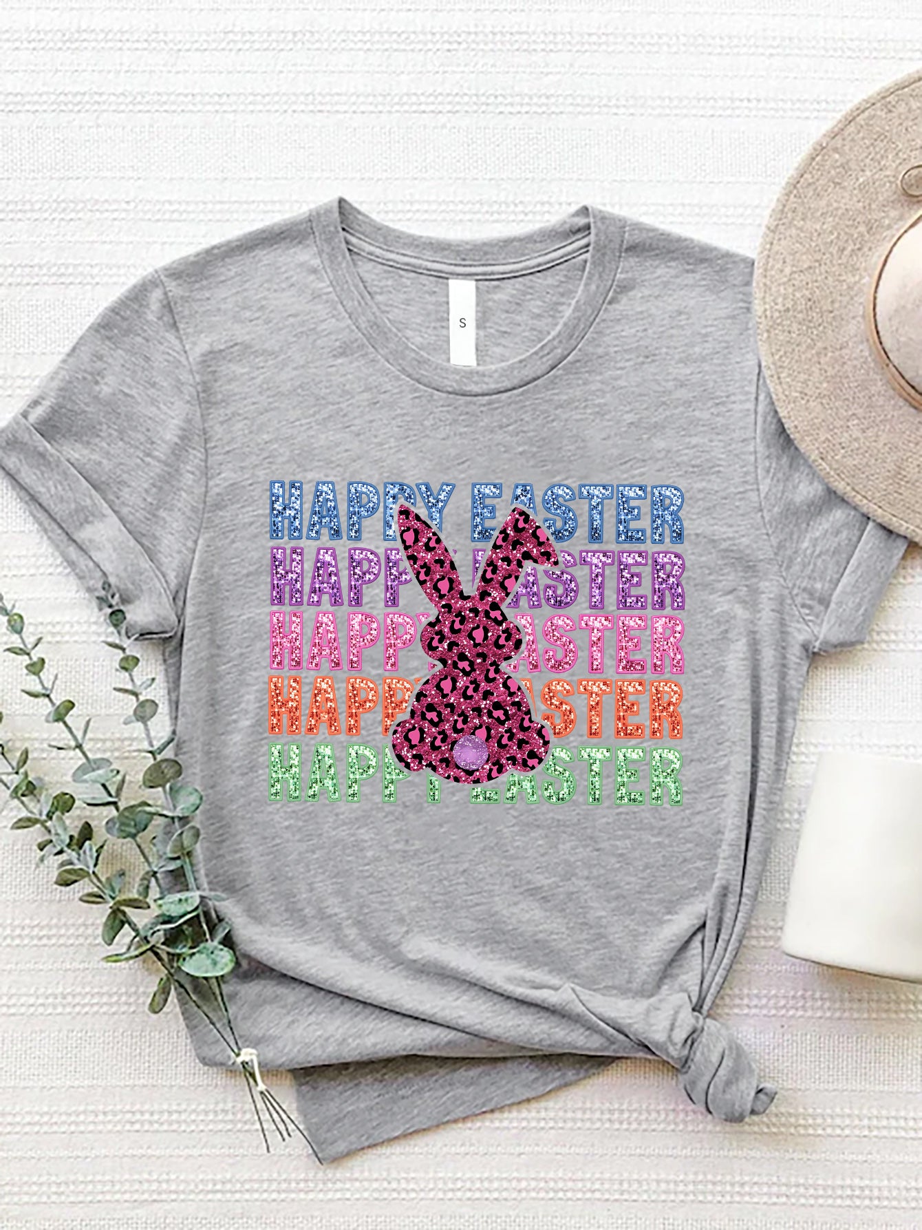 HAPPY EASTER Round Neck Short Sleeve T-Shirt Gray