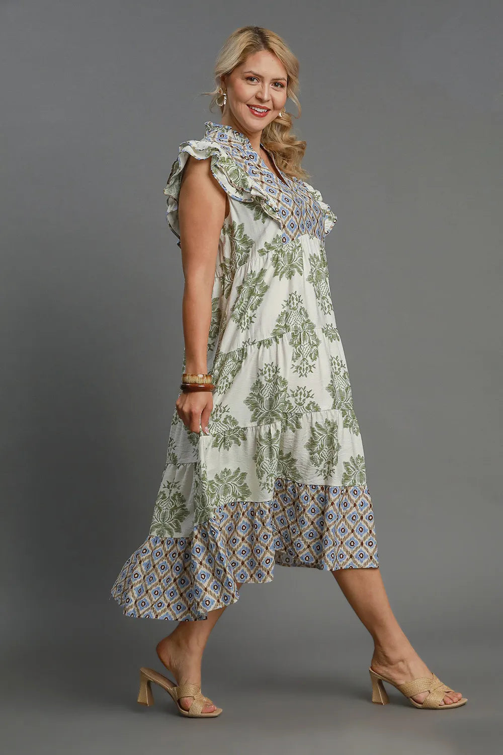 Umgee Full Size Mixed Print Ruffle Cap Sleeve Midi Dress Plus Size