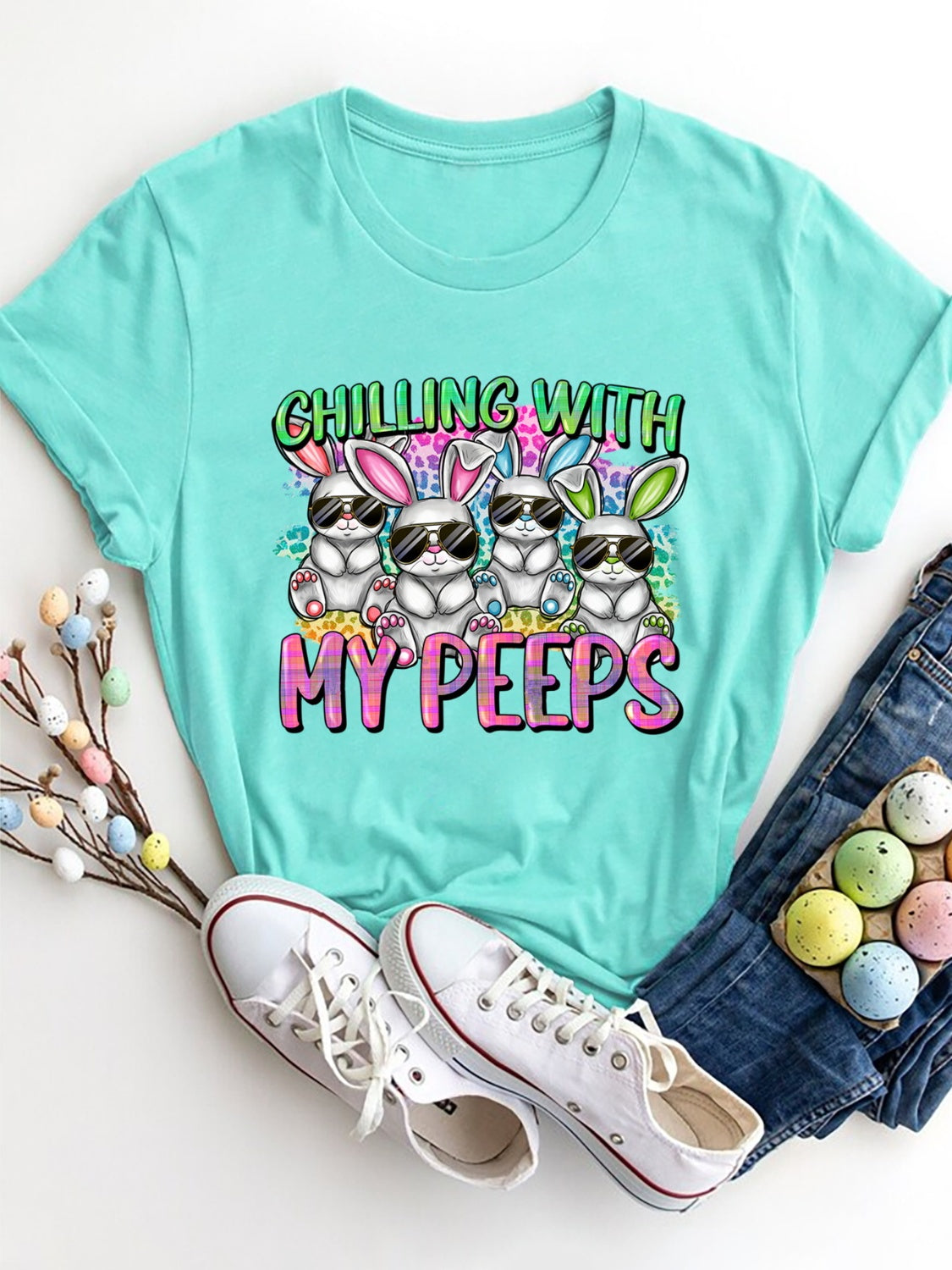 CHILLING WITH MY PEEPS Round Neck T-Shirt Aqua