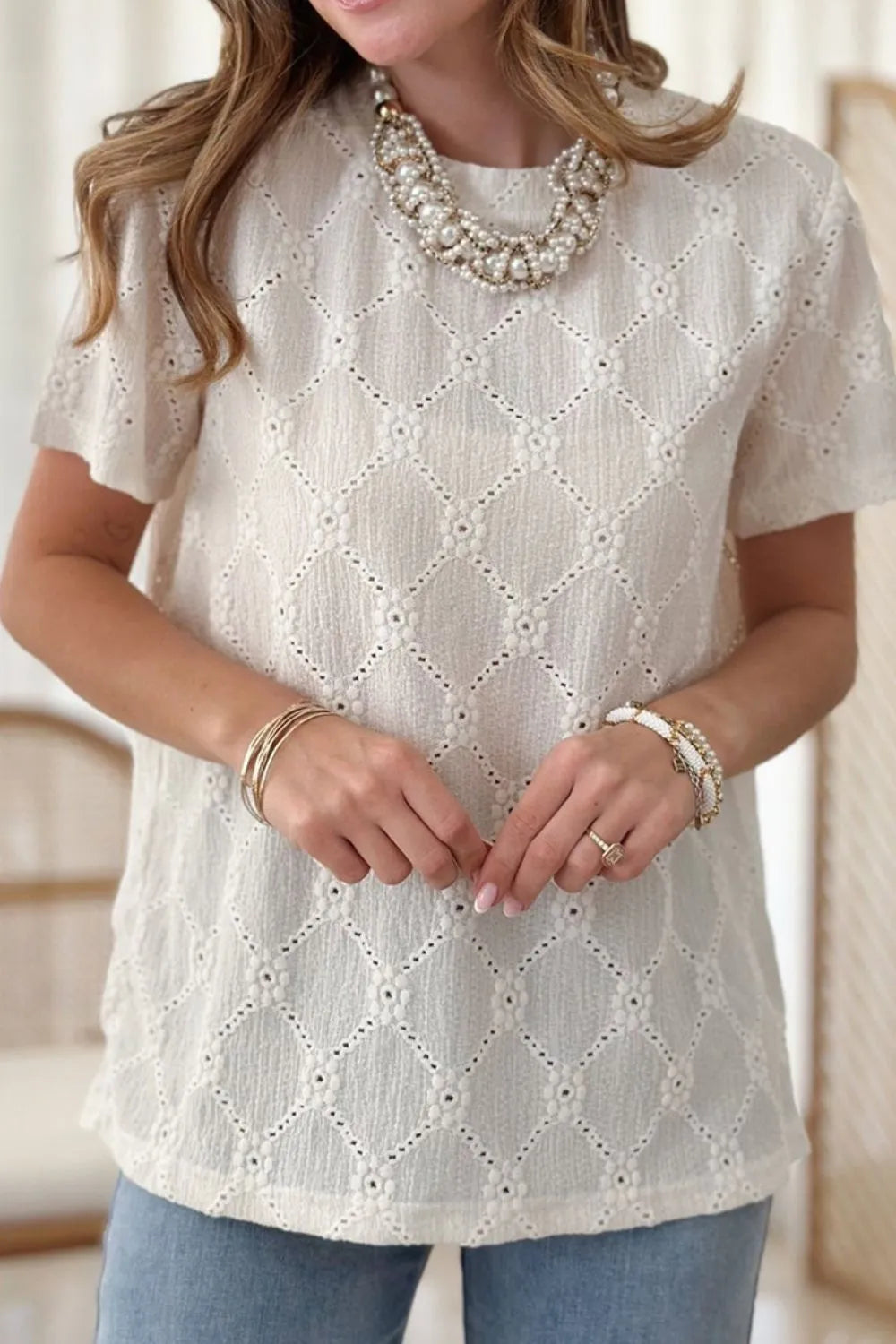 Eyelet Round Neck Short Sleeve Blouse