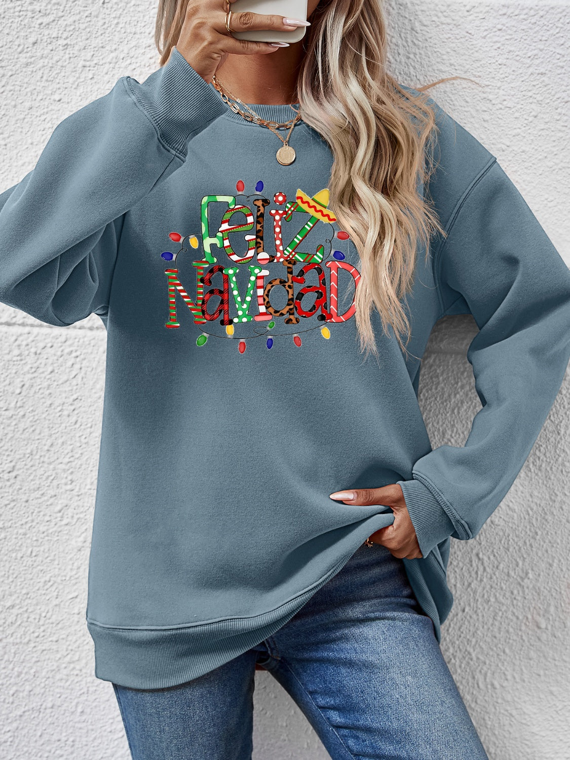 FELIZ NAVIDAD Round Neck Drop Shoulder Sweatshirt Air Force Blue