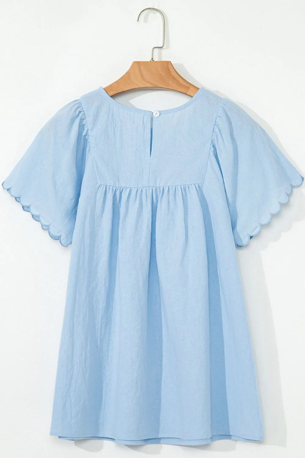 Solid Color Embroidered Scalloped Sleeves Crew Neck Blouse