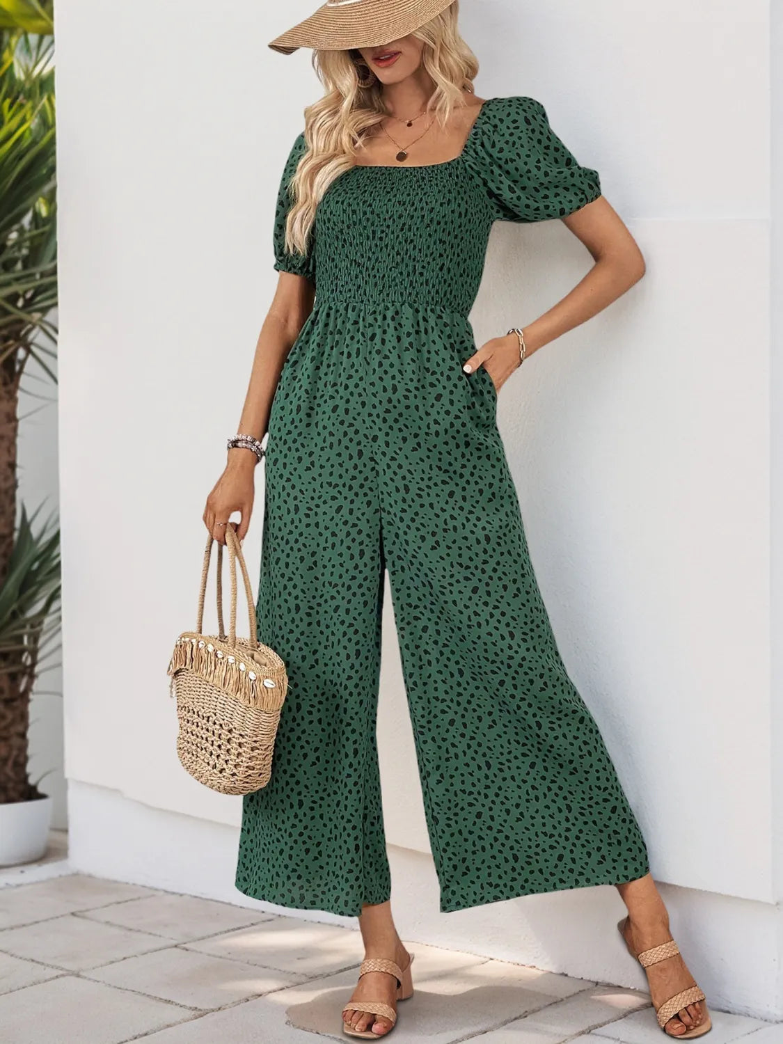Printed Square Neck Puff Sleeve Jumpsuit Dark Green