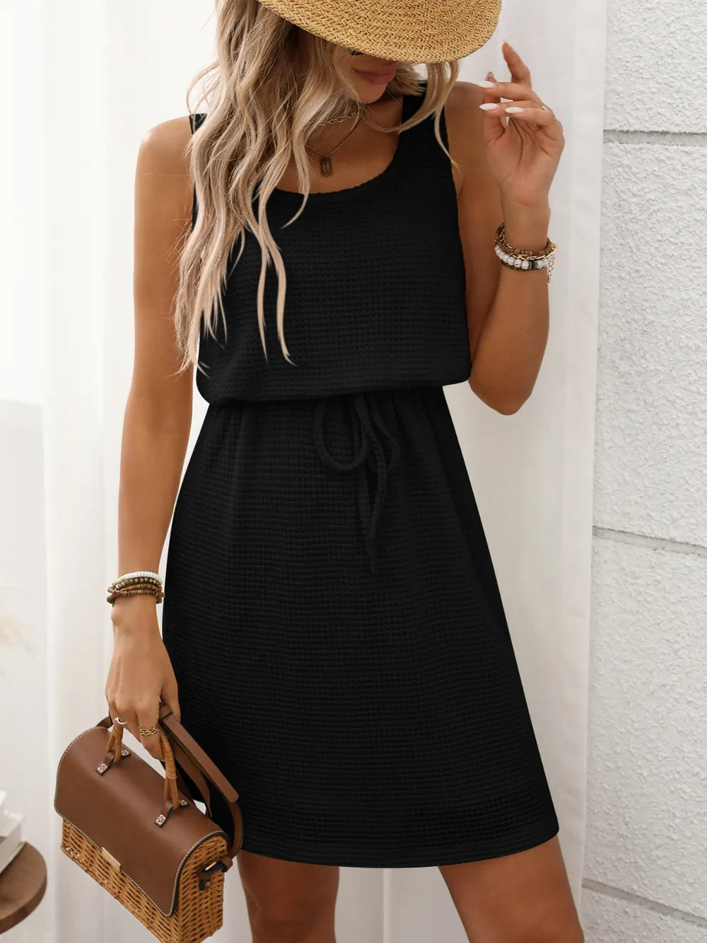 Waffle-Knit Drawstring Mini Tank Dress Black