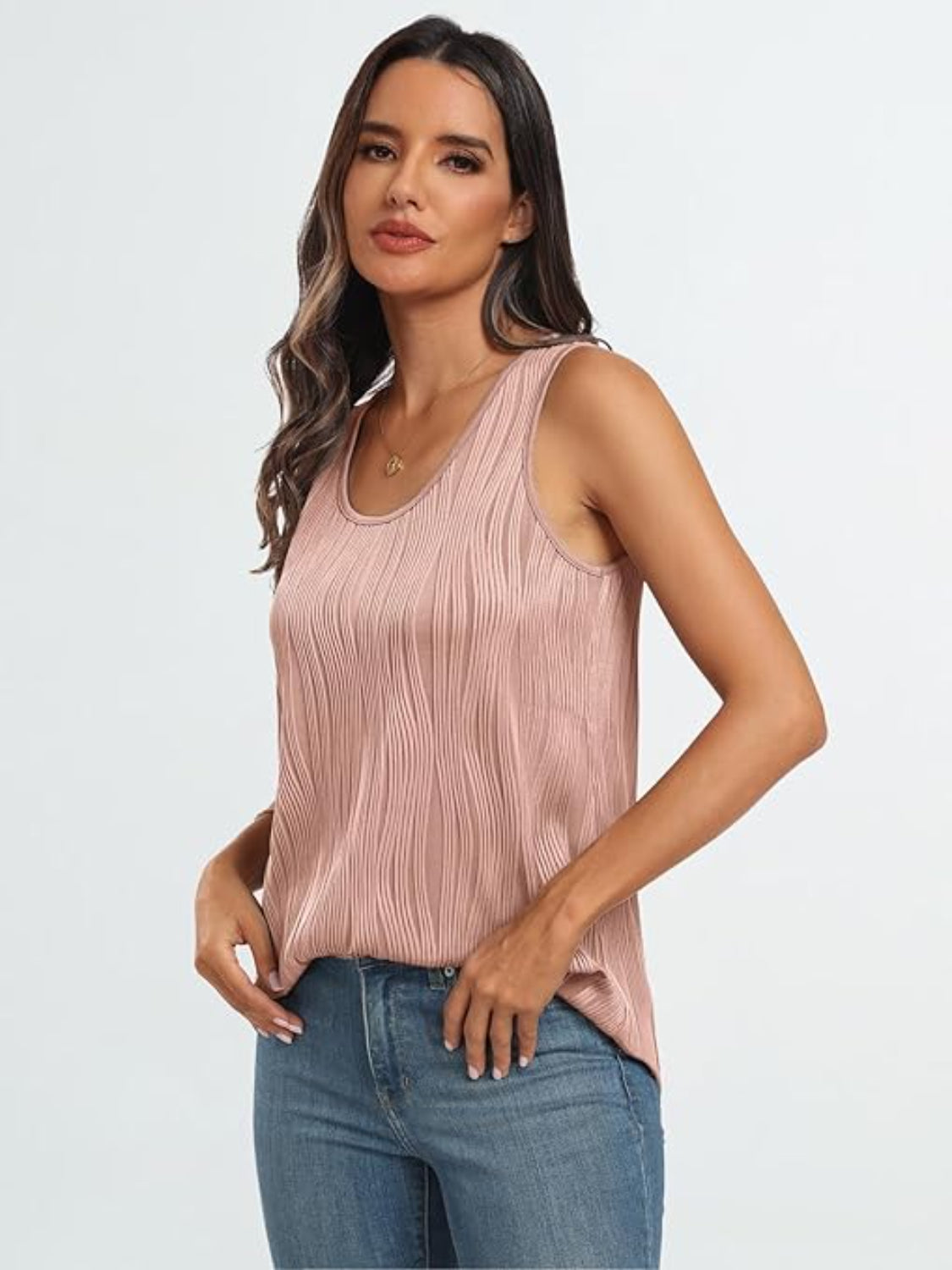 Round Neck Wide Strap Tank Dusty Pink