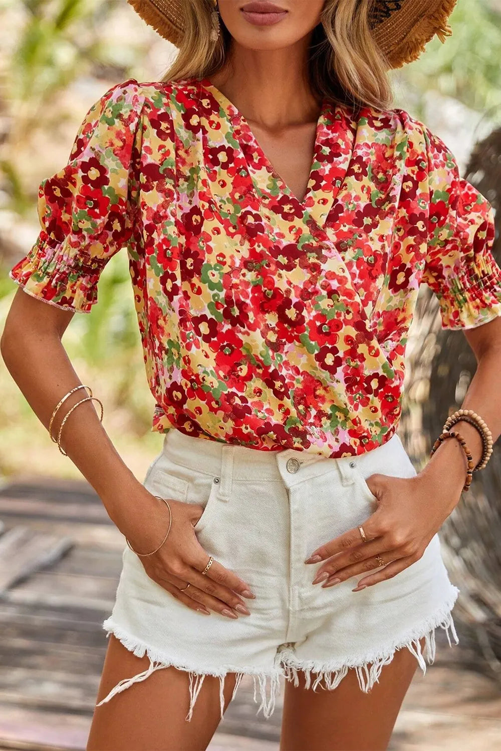Floral Print Puff Sleeve Surplice Blouse Deep Red