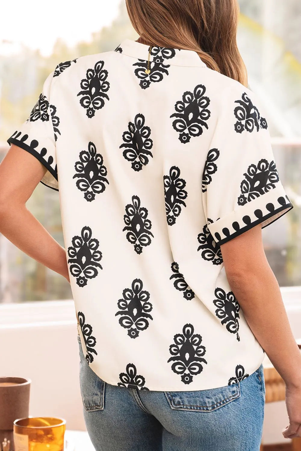 Printed Short Sleeve Loose Blouse