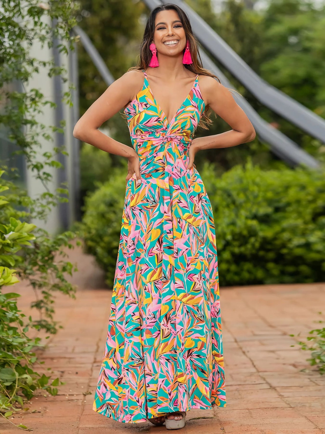 Twisted Printed V-Neck Cami Dress Turquoise