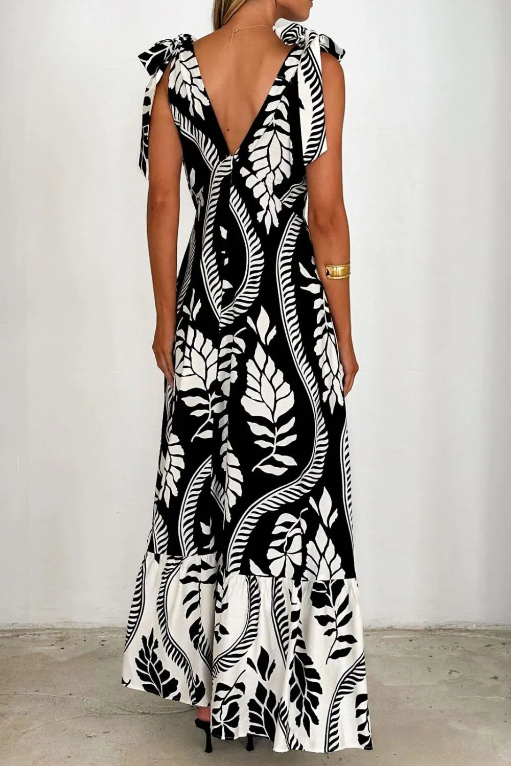 Printed V-Neck Tie Shoulder Midi Cami Dress