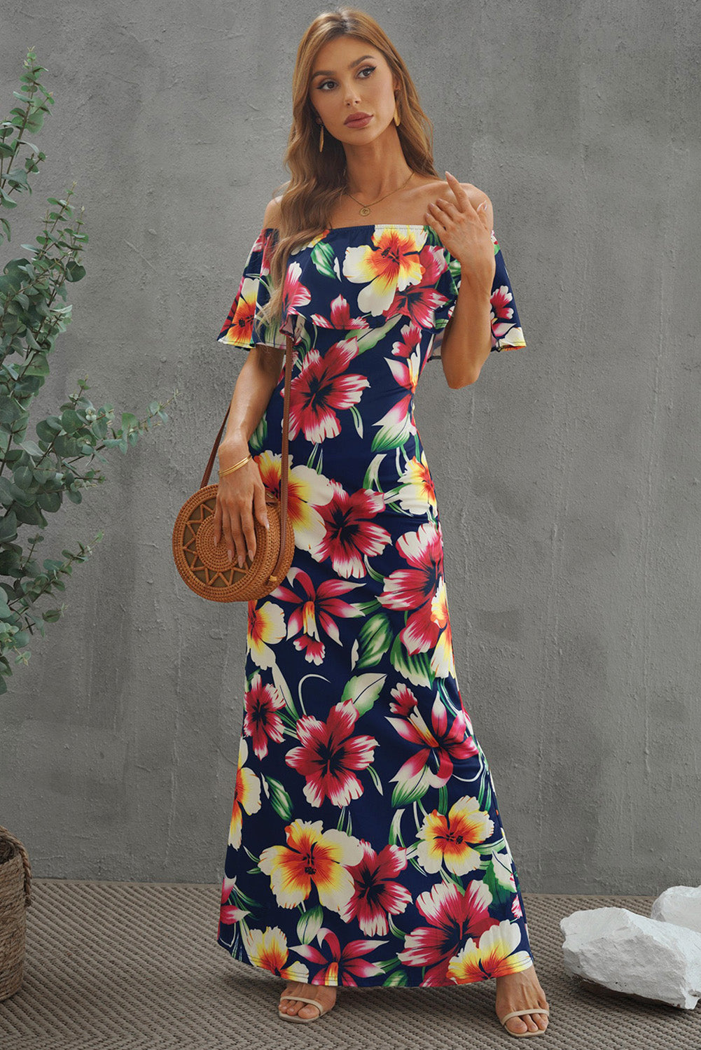 Floral Layered Off-Shoulder Maxi Dress Dark Blue