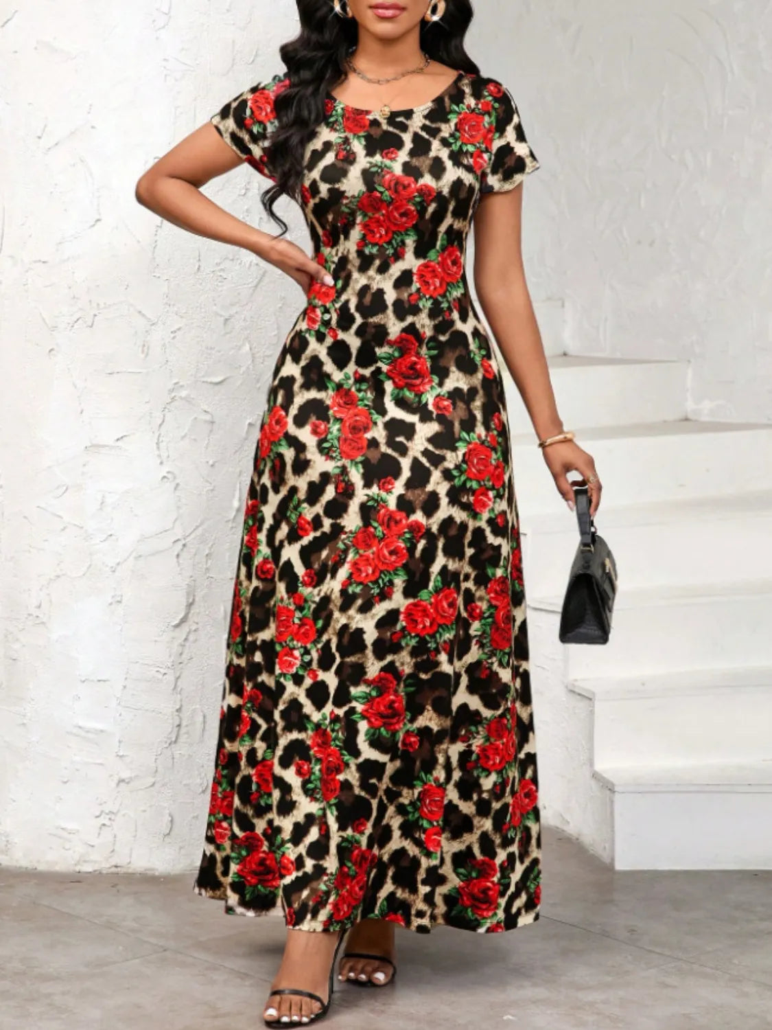Printed Round Neck Short Sleeve Maxi Tee Dress Scarlet