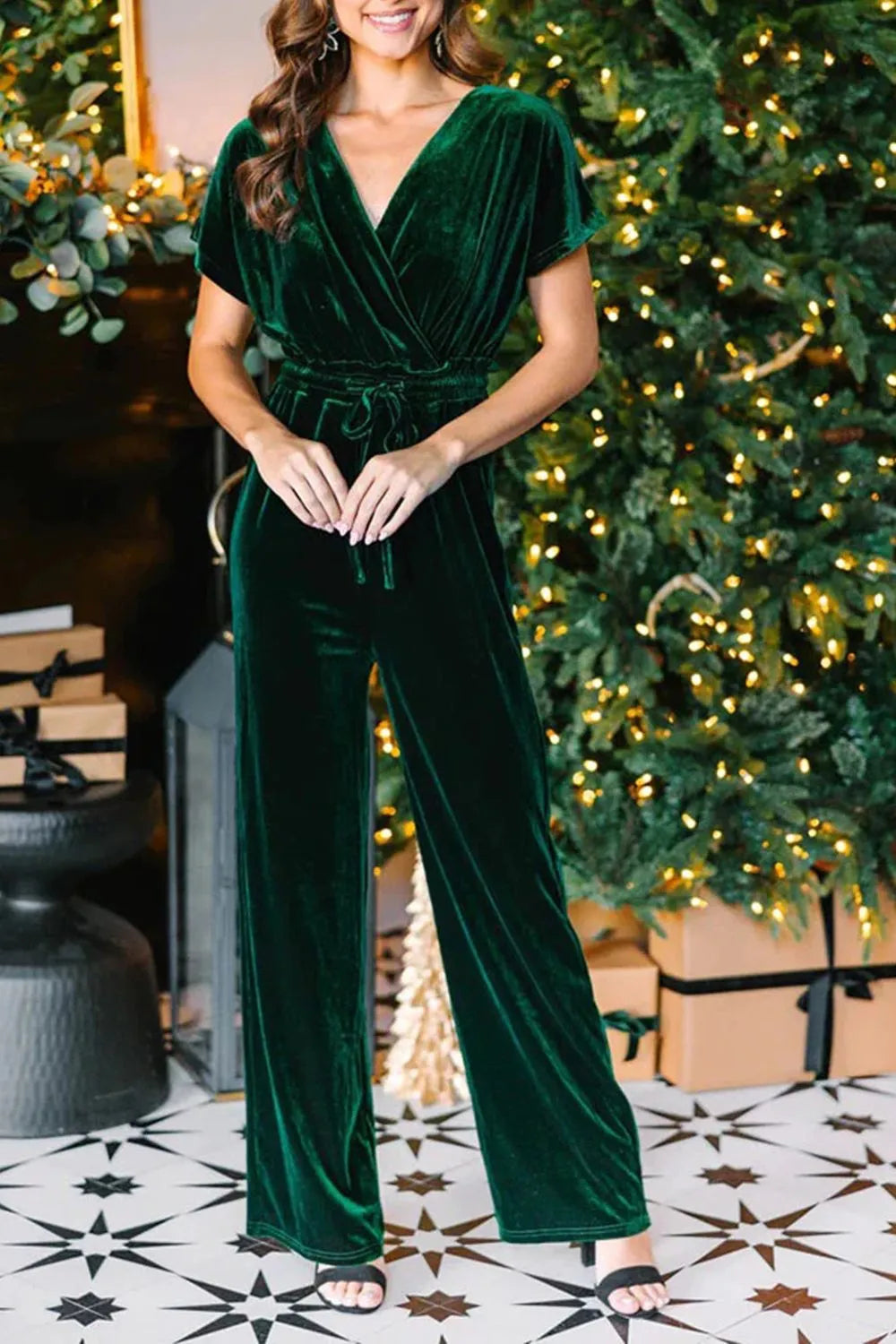 Drawstring Surplice Short Sleeve Jumpsuit Dark Green