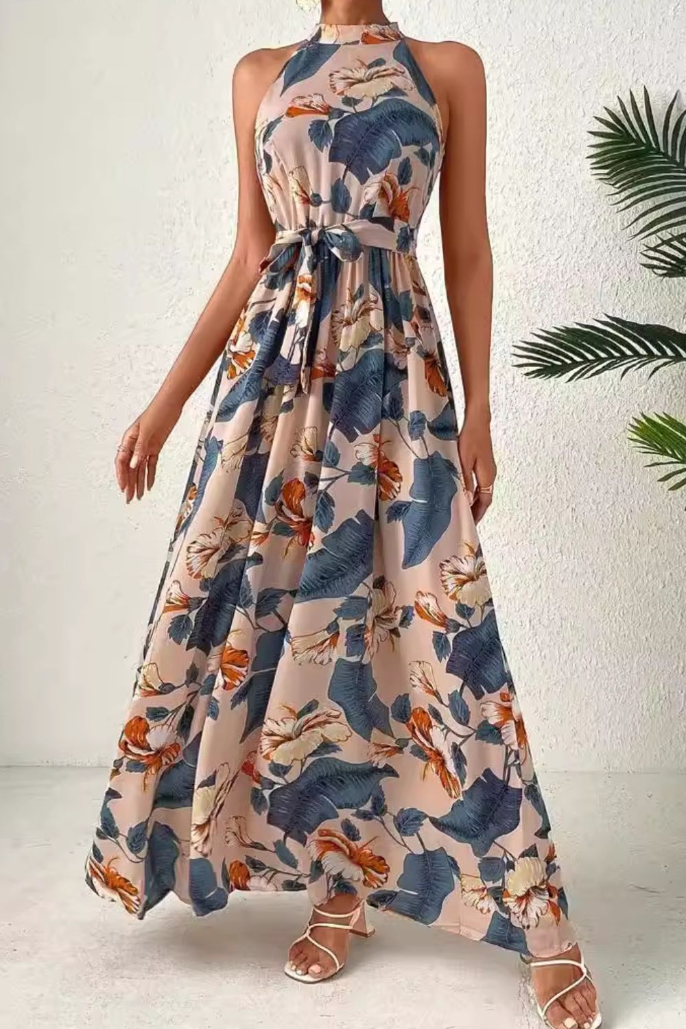 Tied Floral Sleeveless Dress Dusty Blue