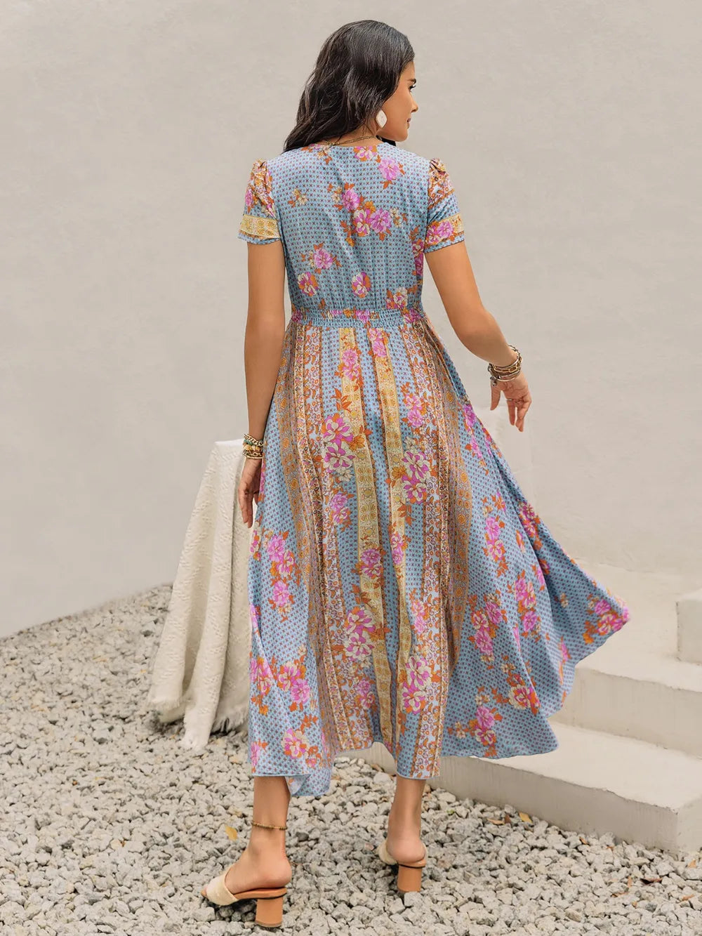 Smocked Floral V-Neck Short Sleeve Midi Dress
