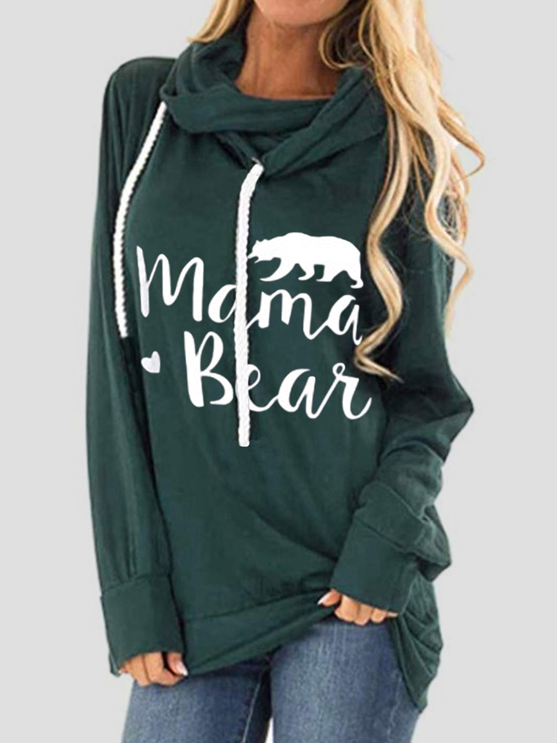 Drawstring Letter Graphic Long Sleeve Hoodie Dark Green