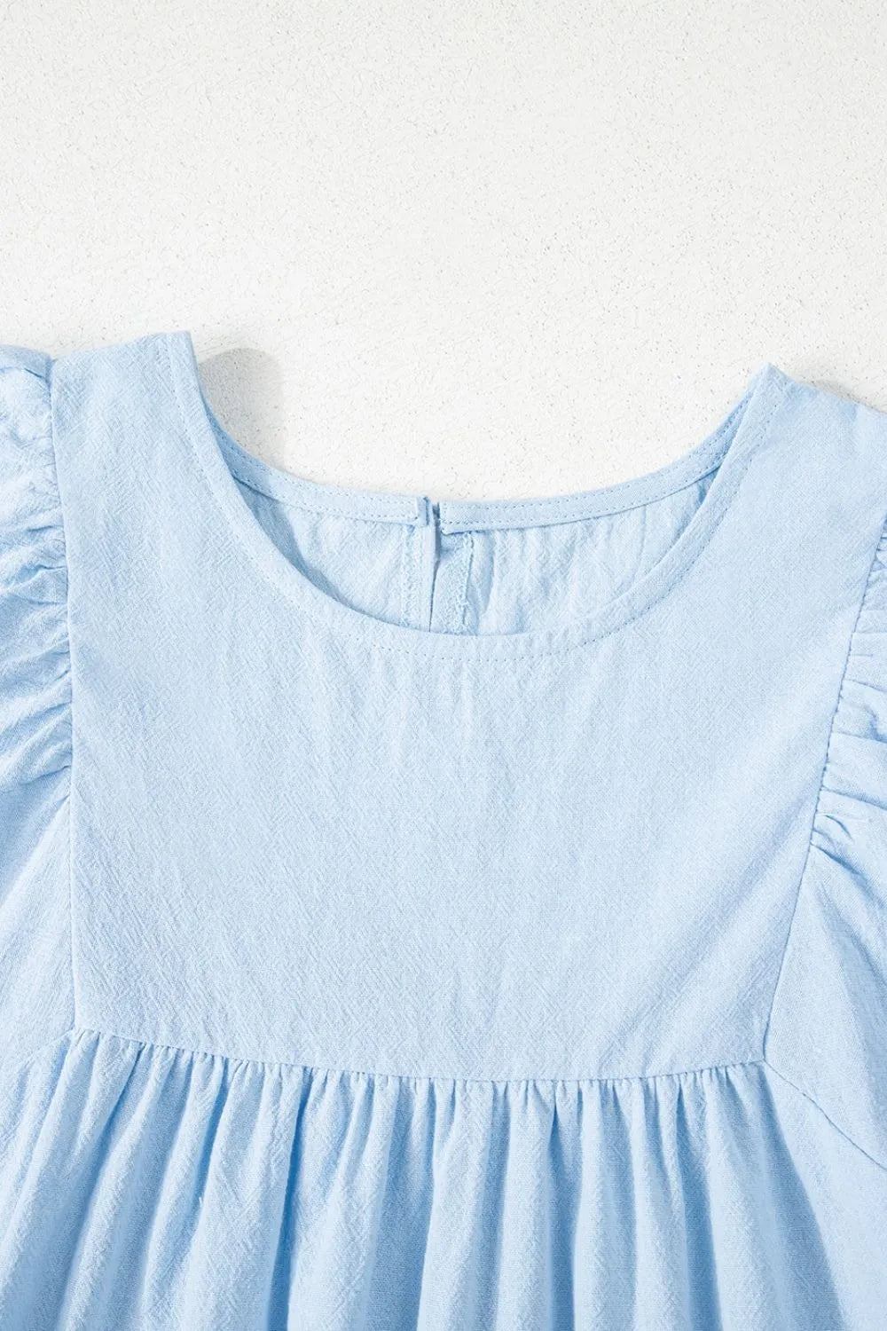 Solid Color Embroidered Scalloped Sleeves Crew Neck Blouse
