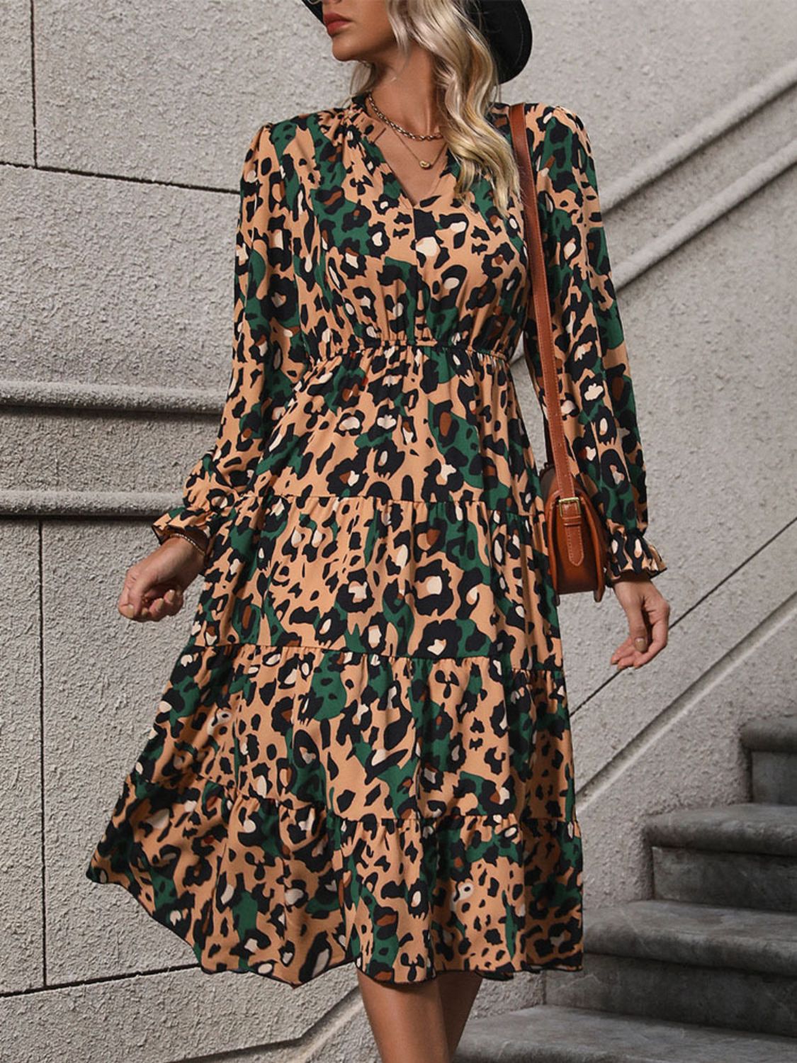 Perfee Leopard Notched Flounce Sleeve Midi Dress Camel