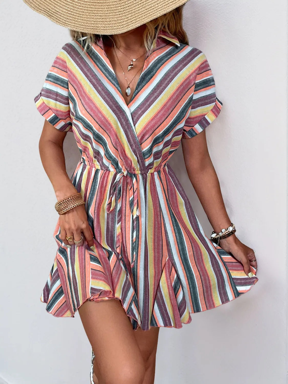 Striped Surplice Short Sleeve Dress