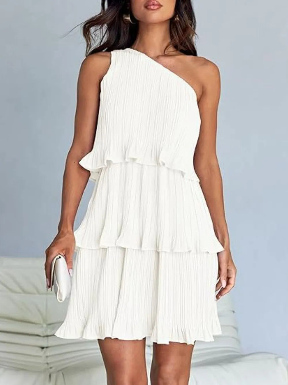 Layered Single Shoulder Mini Dress White