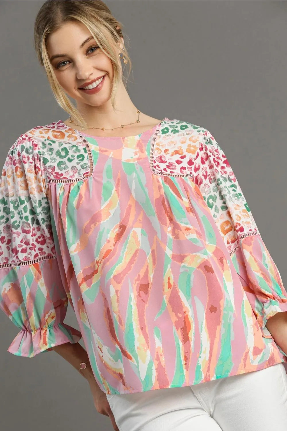 Umgee Full Size Mixed Print Lace Trim Top Plus Size Blush Pink