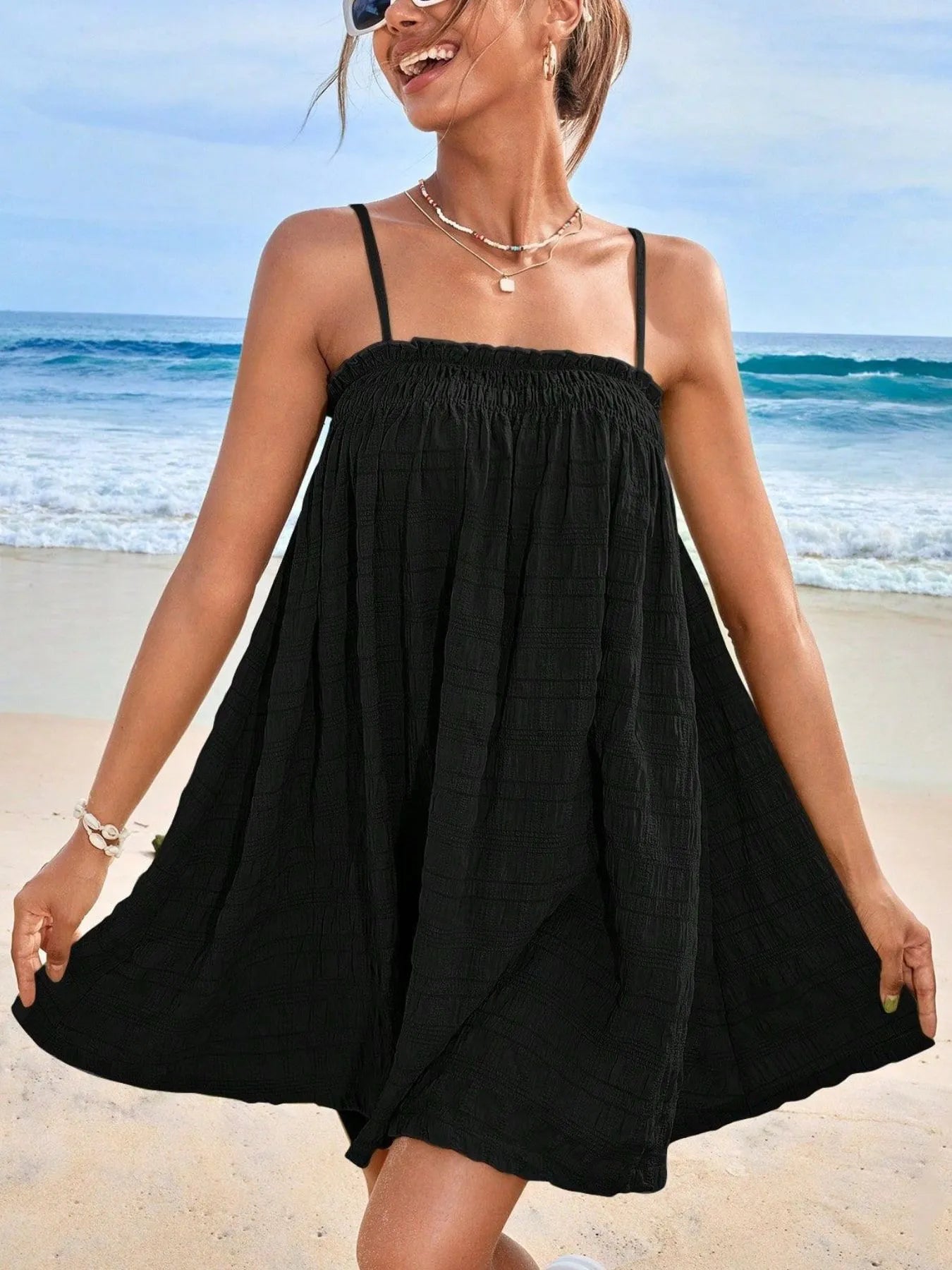 Frill Textured Mini Cami Dress Black