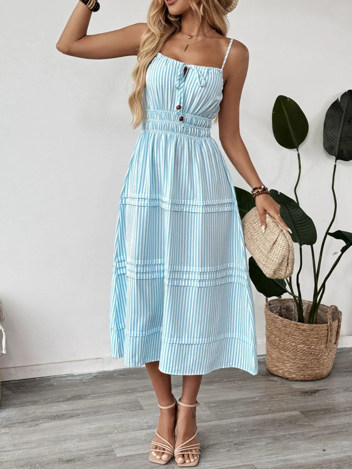 Striped Spaghetti Strap Midi Dress