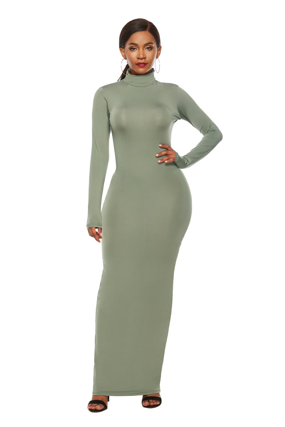 Mock Neck Long Sleeve Maxi Slim Dress Sage