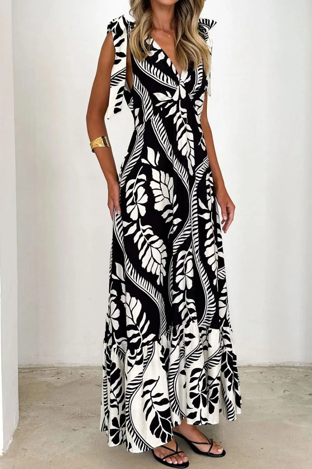 Printed V-Neck Tie Shoulder Midi Cami Dress