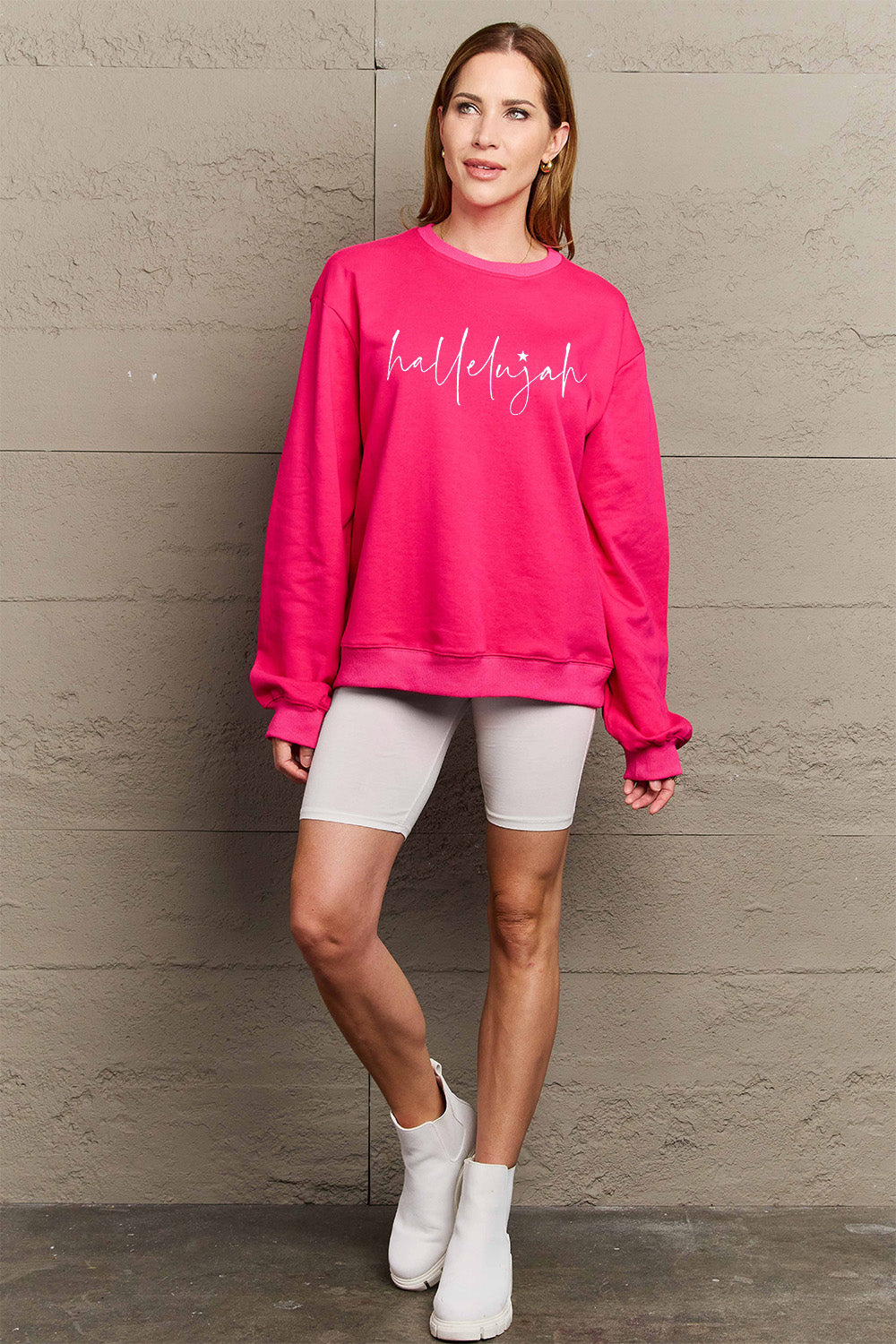 Simply Love Full Size Letter Graphic Long Sleeve Sweatshirt Hot Pink