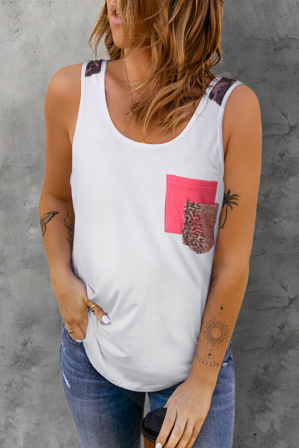 Printed Color Block Pocket Patch Tank White