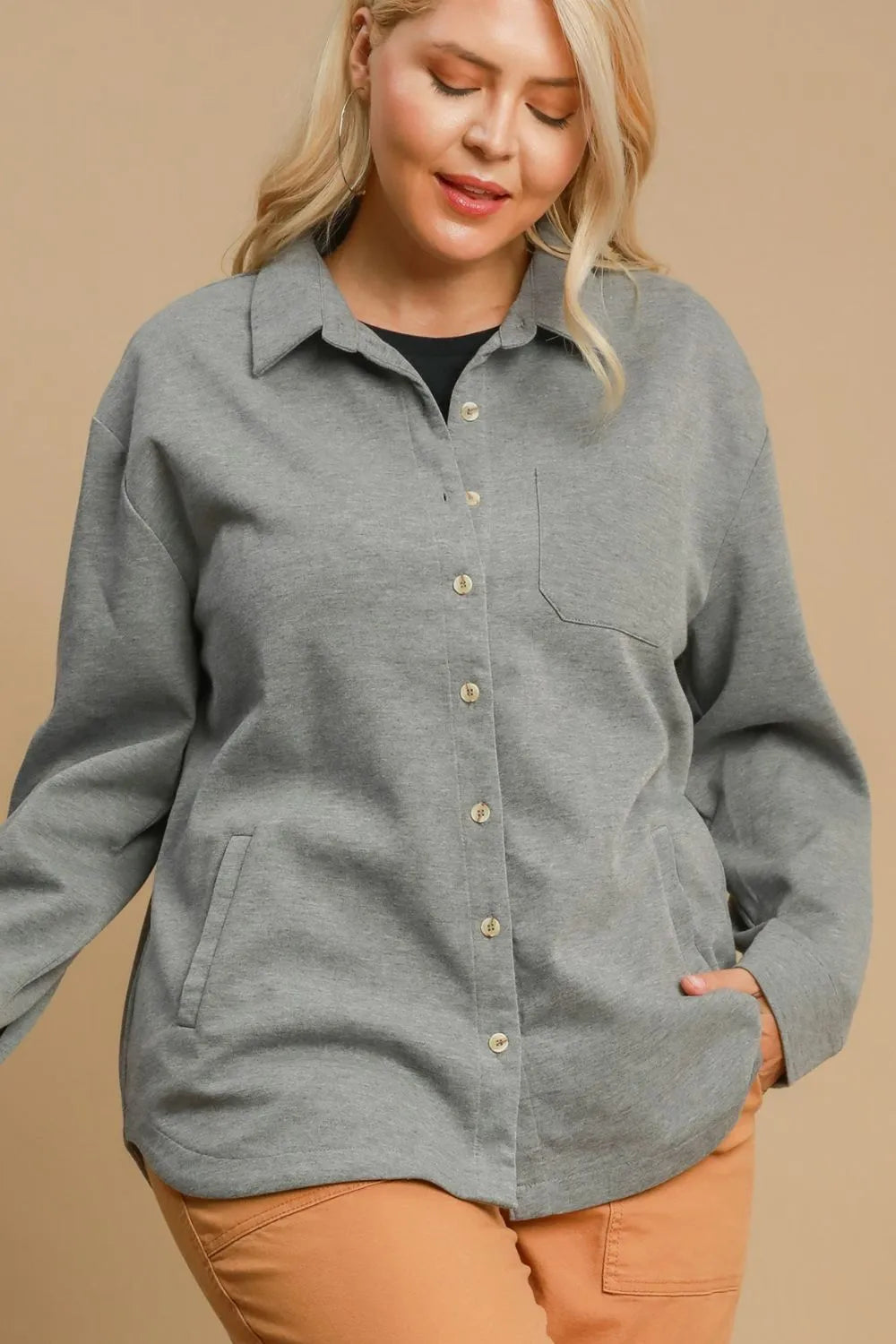 Umgee Full Size Button Down Collared Neck Shacket Plus Size