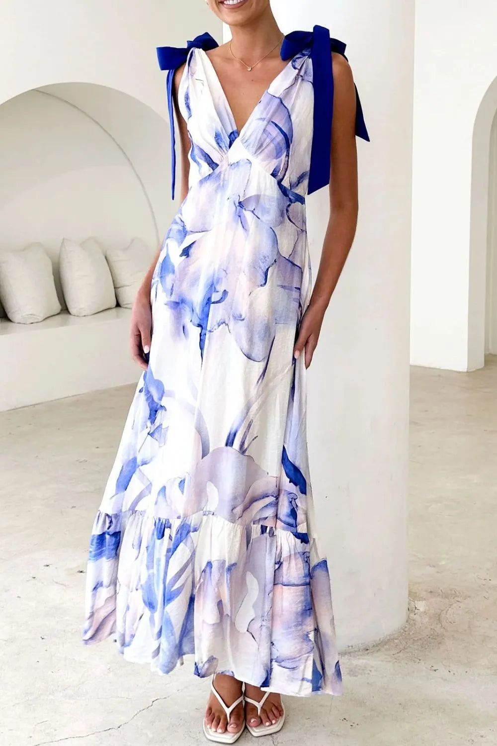 Printed V-Neck Tie Shoulder Midi Cami Dress
