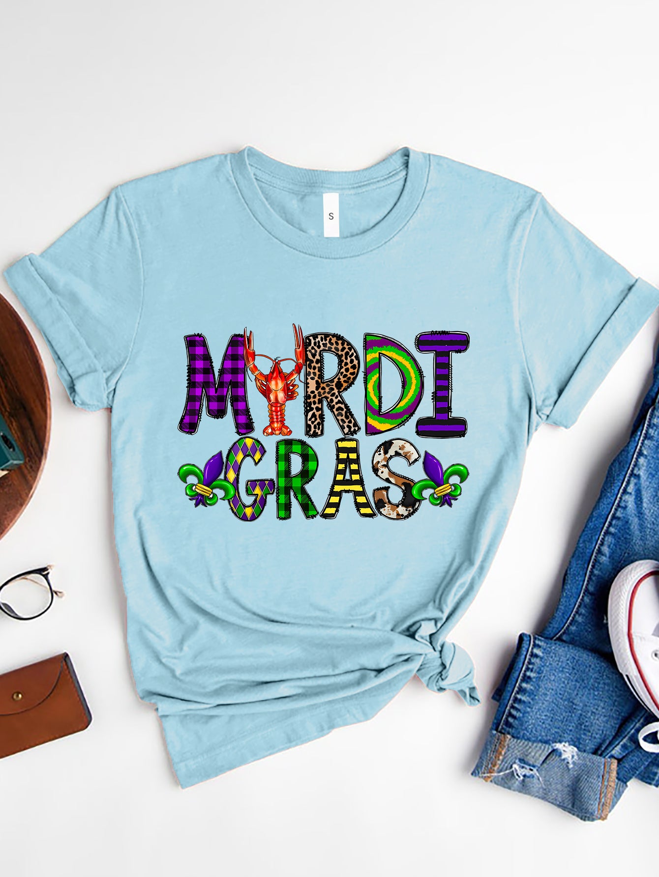 MARDI GRAS Round Neck Short Sleeve T-Shirt Light Blue