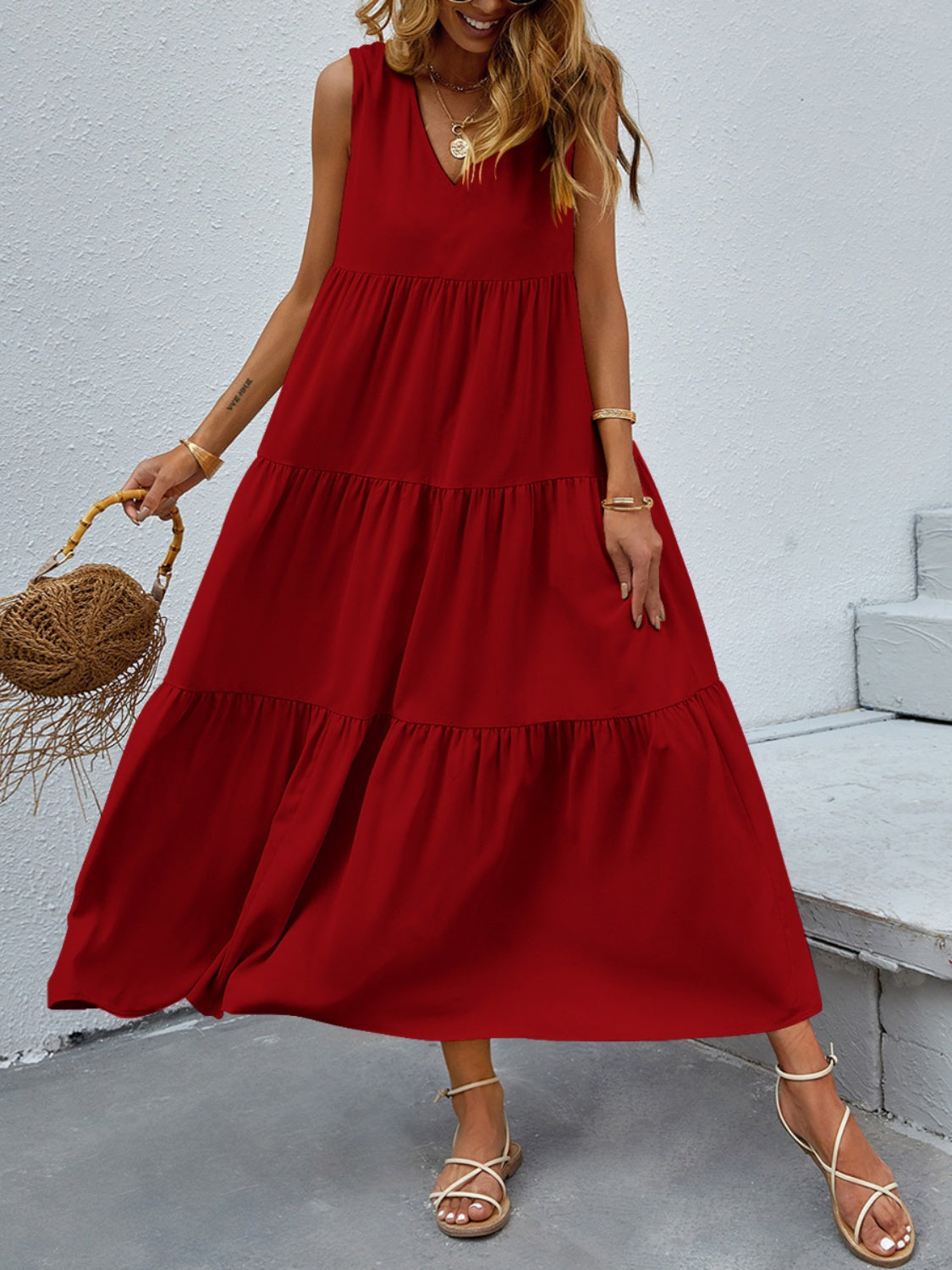 FAM-FAM Tiered V-Neck Sleeveless Dress Burgundy