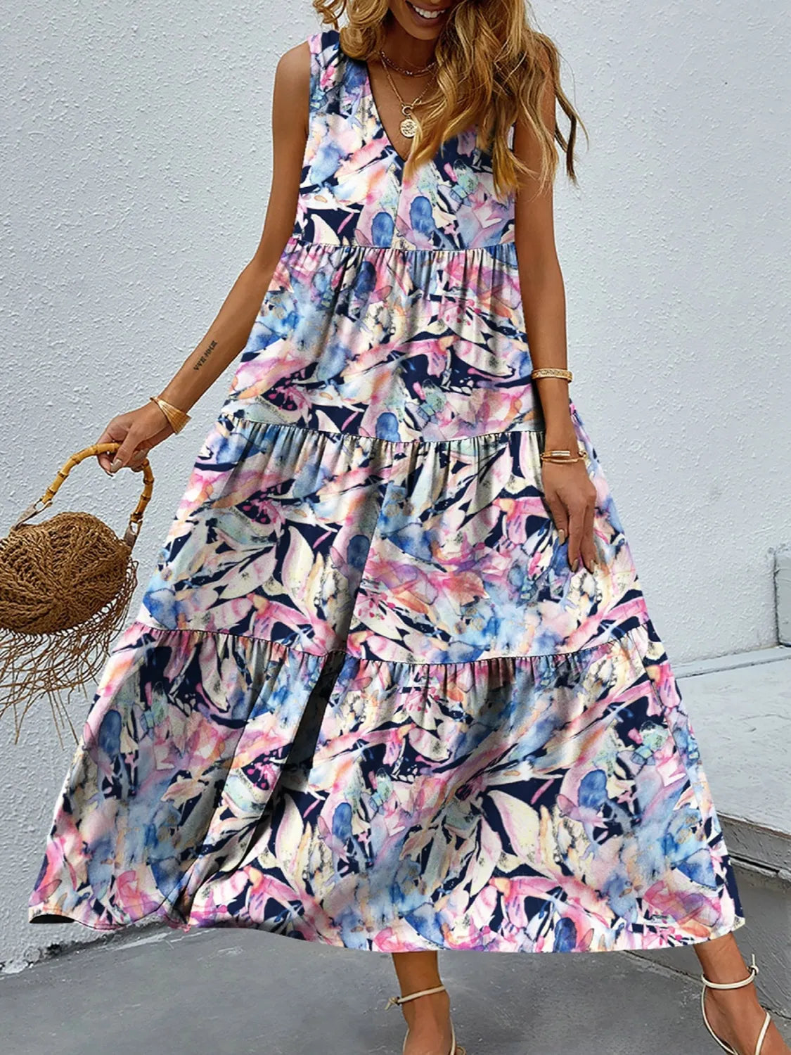 Printed V-Neck Tiered Maxi Tank Dress Lavender