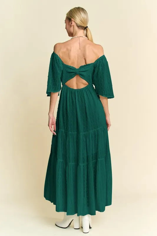 Davi & Dani Swiss Dotted Ruched Ruffle Open Back Midi Dress